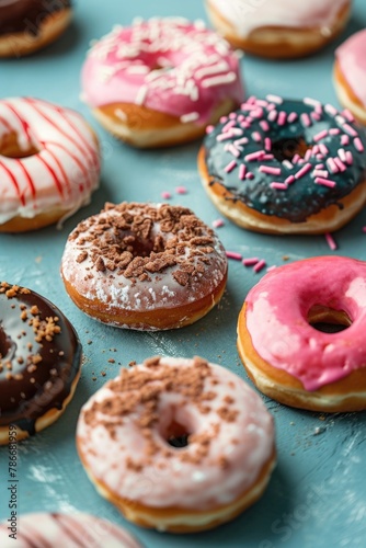 A variety of delicious donuts displayed on a table. Perfect for bakery or dessert concepts