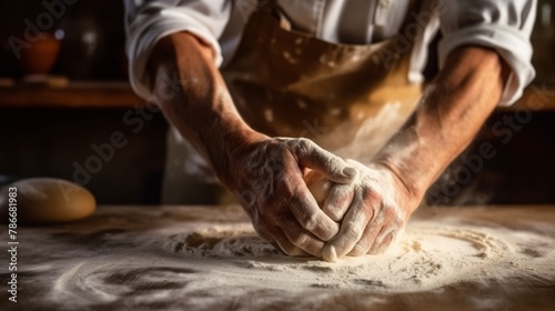 Baker professional passionately kneading dough on flour-dusted table. Pizza prepare dough hand topping. Man preparing bread dough on wooden table in a bakery photo