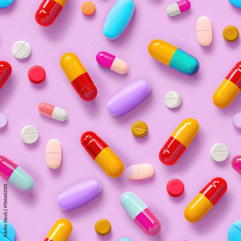 Various colored pills arranged on a vibrant pink surface. Ideal for medical and pharmaceutical concepts Various colored pills arranged on a vibrant pink surface. Ideal for medical and pharmaceutical concepts