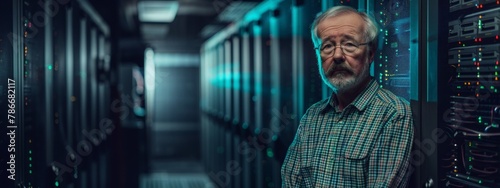 Elderly man standing in a server room filled with computer racks and glowing lights. Concept of technology, expertise, and senior professional.