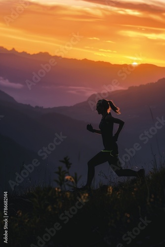 A woman running in the mountains at sunset. Suitable for health and wellness concepts © Fotograf