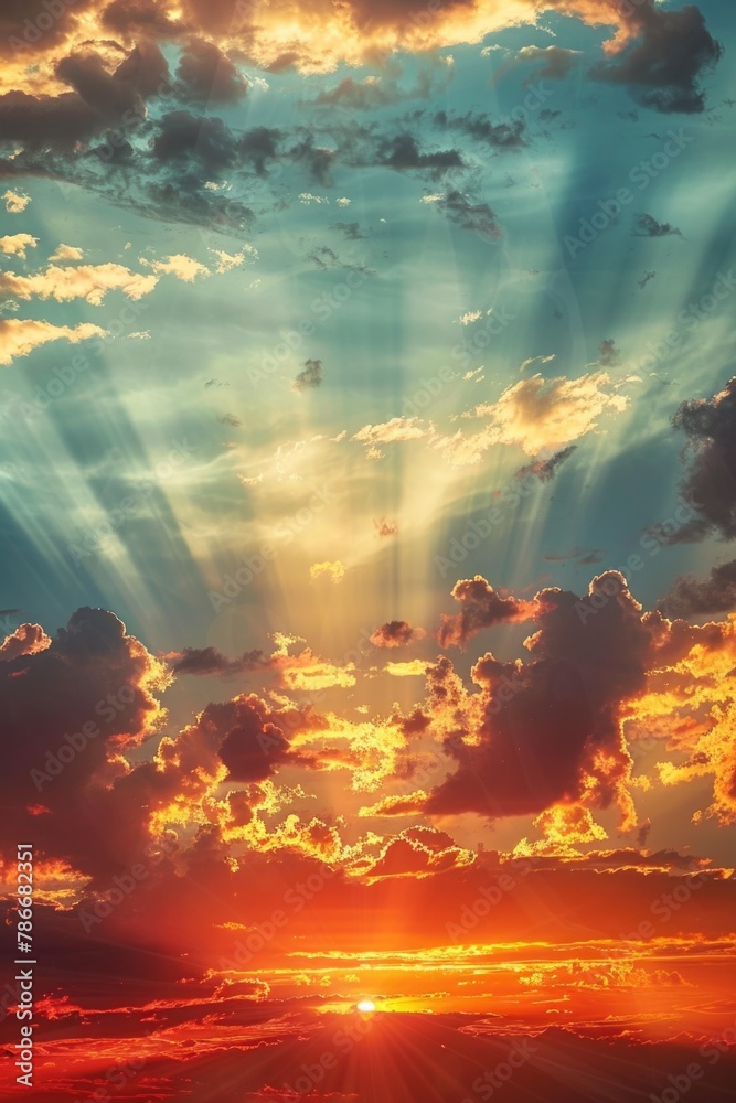 Bright sun rays breaking through the clouds. Perfect for weather or nature concepts Bright sun rays breaking through the clouds. Perfect for weather or nature concepts