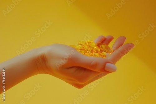 A person holding a bunch of yellow pills. Suitable for medical and healthcare concepts