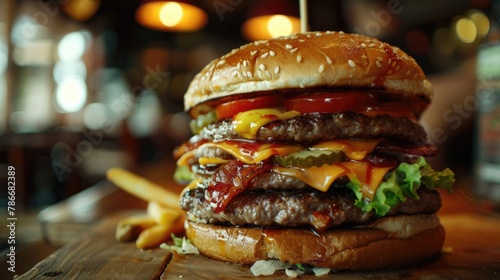 A mouth-watering image of a large hamburger and french fries on a wooden table. Perfect for food and restaurant concepts
