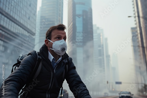A cyclist navigates through a cityscape engulfed in morning fog air pollution, casting a serene yet somber mood bad environment.