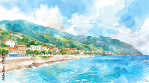 A painting depicting a beach with colorful houses along the shoreline under a blue sky, capturing the essence of seaside living