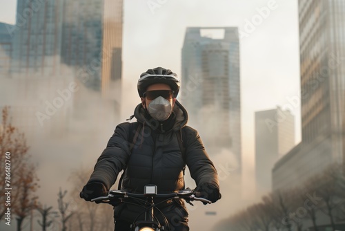 A cyclist navigates through a cityscape engulfed in morning fog air pollution, casting a serene yet somber mood bad environment.