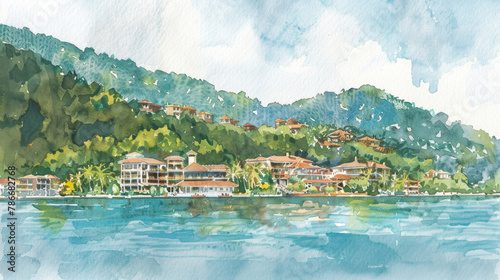 A watercolor painting depicting a vibrant resort situated on the shore of a serene lake, with boats docked and guests enjoying various activities under the clear sky