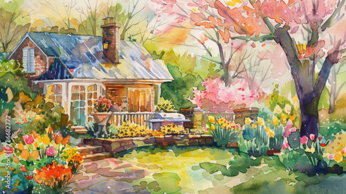 A watercolor painting depicting a charming house surrounded by a colorful garden filled with blooming flowers  bushes  and trees