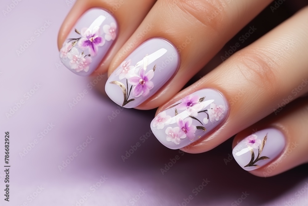 Perfect manicure in pink colors with rustic style. Close-up of nails adorned with elegant floral nail art. Ideal for beauty blogs, nail salon, tutorials,  fashion editorials  for nail design