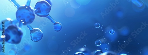 Close-up of blue molecules and bubbles underwater, symbolizing scientific research and molecular biology. Concept of science, technology, and research. 