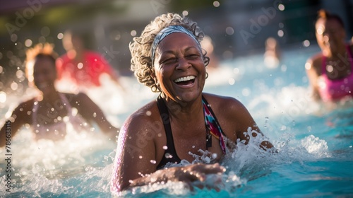 Active laughing senior  black  women have fun in swimming pool. Happy mature concept. Grandmother doing aqua aerobic. Elderly healthy female smiling in water