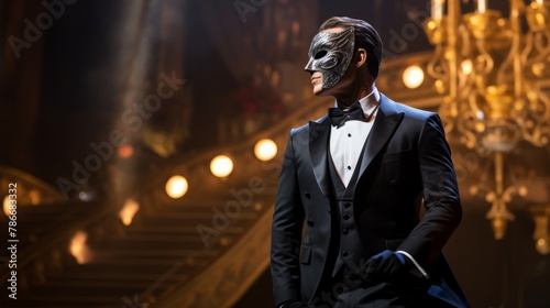 A masked man or an actor on stage in a theater or opera