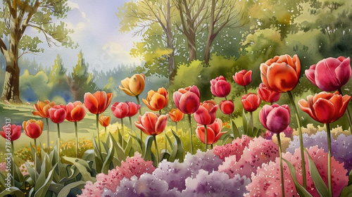A painting depicting a field bursting with colorful flowers under a bright sun