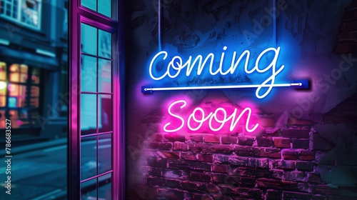 Eye-catching Magenta and Blue Neon 'Coming Soon' Sign on Brick Wall