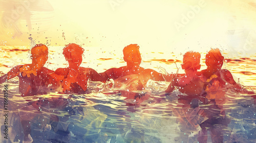 A group of individuals enjoying a swim in a body of water on a sunny day