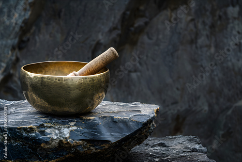 Close up tibetan singing bowl rests amidst a majestic rocky landscape, in harmony with the grandeur of nature, a symphony of tranquility and sublimity. Card with copy space.