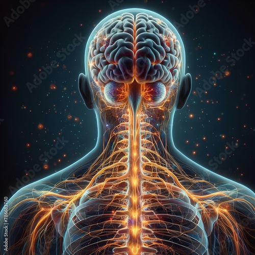 The brain, spinal cord, and nerves form the nervous system. Brain scan. Brain MRI. photo