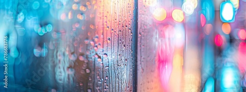 Raindrops on a window with colorful blurred city lights in the background, capturing the essence of a rainy night in the city. Concept of urban life, rain, and reflections.