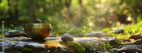 Echoes of Tranquility: close up Tibetan Singing Bowl on Serene Nature Landscape with waterfall, a Harmonious Fusion of Spiritual Sound and Natural Beauty. Banner with copy space.