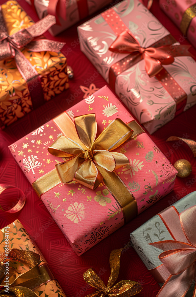 A row of colorful red and pink boxes, one of which is decorated with a gold bow. The boxes are arranged as if they were standing on a red surface -02 A row of colorful red and pink boxes, one of which is decorated with a gold bow. The boxes are arranged as if they were standing on a red surface -02