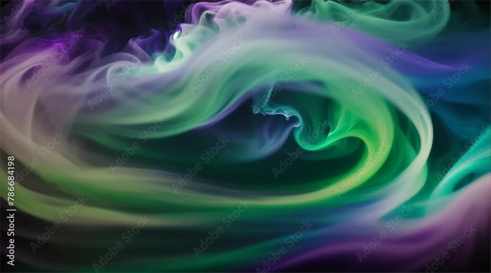Green and purple smoke, swirling color and movement, fluid patterns, dark background Green and purple smoke, swirling color and movement, fluid patterns, dark background