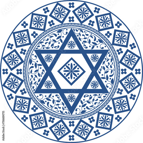 Judaica art blue retro mandala. David star design illustration photo
