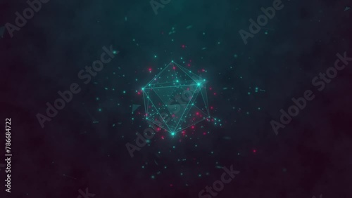 An entrancing abstract animation featuring a icosphere geometric shape, composed of glowing lines and vertices, set against a dark gradient backdrop with floating particles. photo