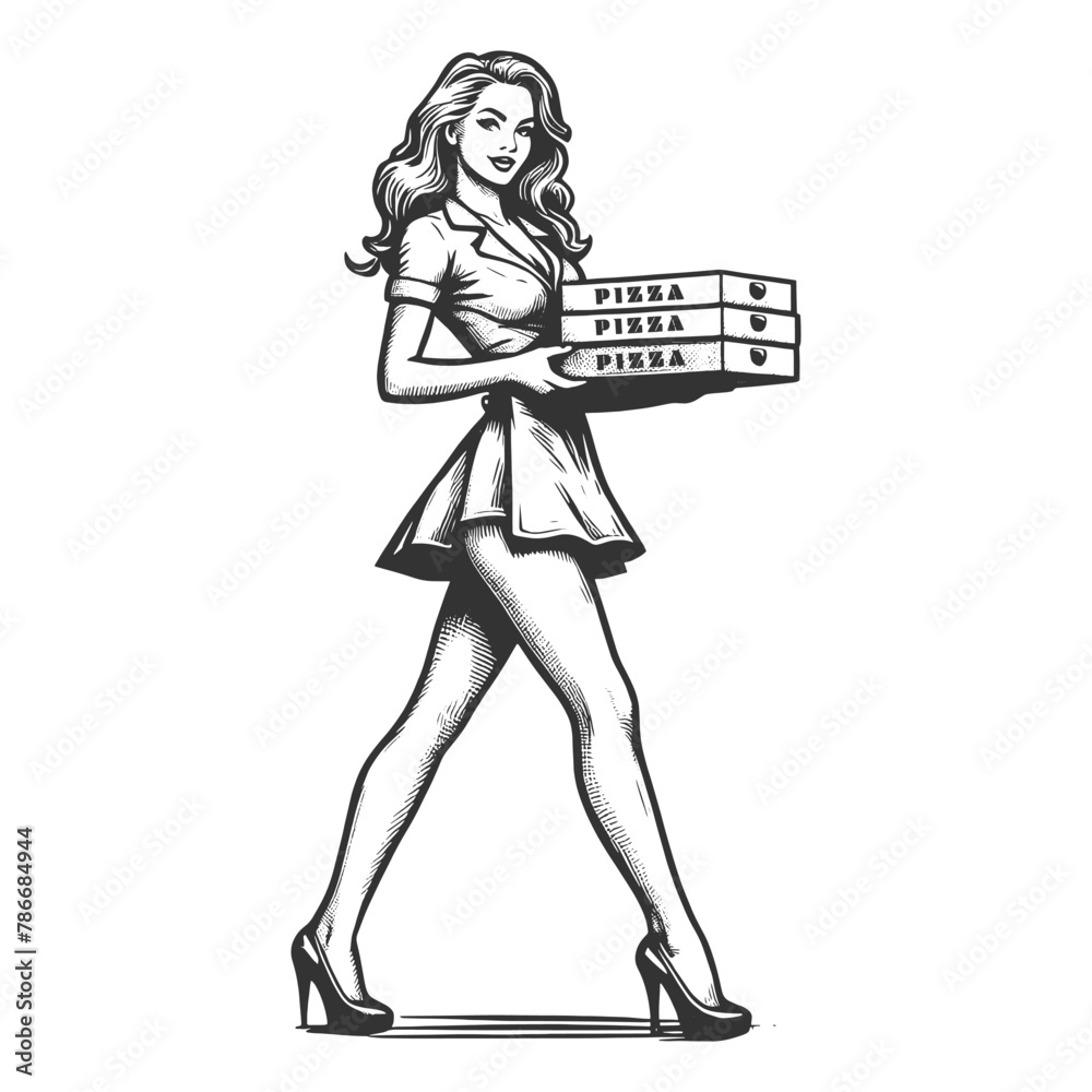 pin-up girl, confidently delivering a stack of pizza boxes with a flirty smile sketch engraving generative ai fictional character vector illustration. Scratch board imitation. Black and white image.