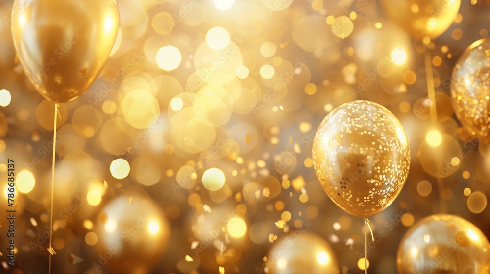 Close-up of golden balloons with a sparkling bokeh effect, creating a festive and celebratory atmosphere. Close-up of golden balloons with a sparkling bokeh effect, creating a festive and celebratory atmosphere.