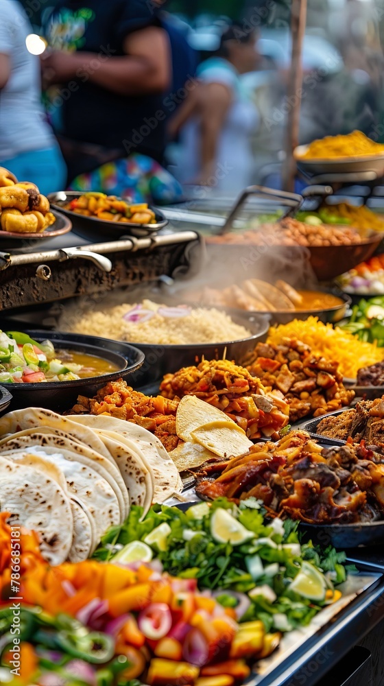 Buffet table displays an array Mexican dishes, including tacos, tamales, enchiladas, and guacamole