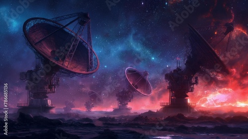 Imaginative portrayal of massive radio telescopes silhouetted against a dramatic cosmic nebula, symbolizing deep space exploration.