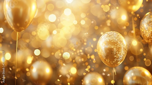 Close-up of golden balloons with a sparkling bokeh effect, creating a festive and celebratory atmosphere.