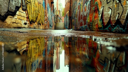 Image of the alley after the rain with graffiti on the walls. © kept
