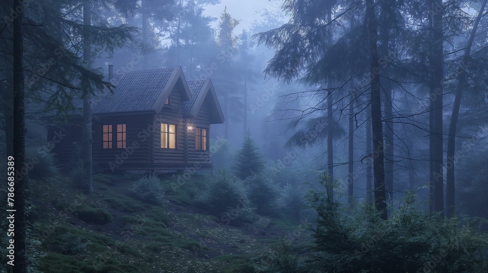 Cozy wooden cabin with glowing windows nestled in a serene, foggy forest at dusk. - obrazy, fototapety, plakaty 