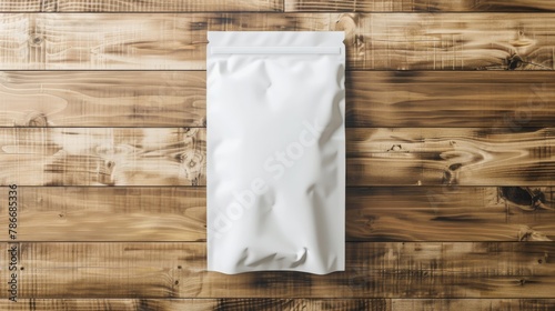 white packaging bag with header seal, mockup, on a wooden table, top view, 16:9