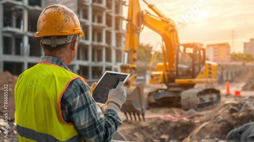 Civil engineer constructor working with a tablet in a construction