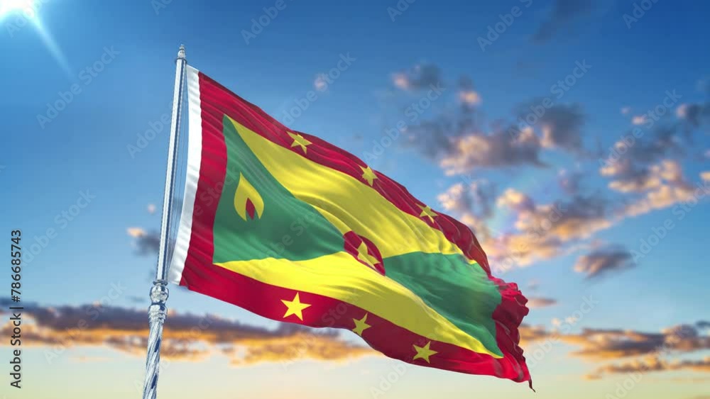 Grenada flag Waving Realistic With Sky