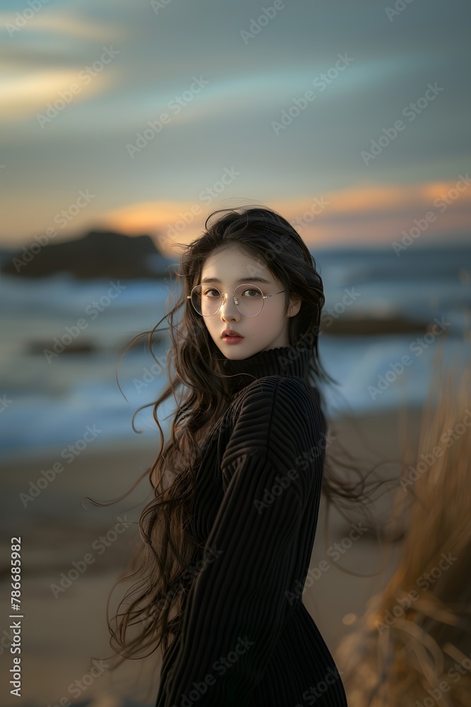 A woman standing on top of a beach next to the ocean A woman standing on top of a beach next to the ocean