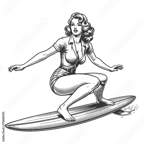 retro pin-up girl in stylish beachwear surfing on wave, grace and balance sketch engraving generative ai fictional character vector illustration. Scratch board imitation. Black and white image.