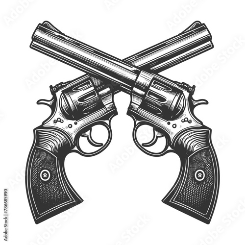 crossed vintage revolvers, rendered in high detail, symbolizing the old west and dueling times sketch engraving generative ai vector illustration. Scratch board imitation. Black and white image.