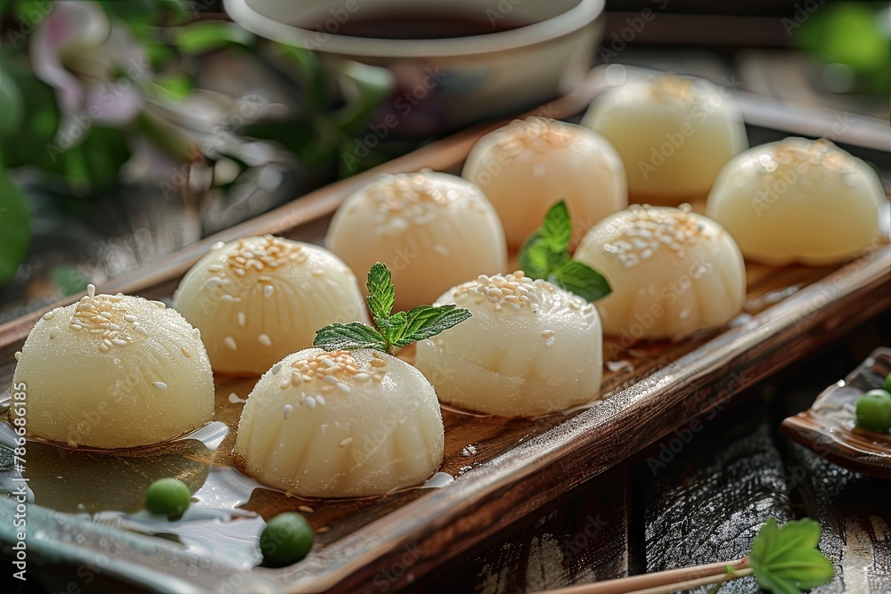 Mochi dessert. Mochi ice cream on japanese wooden plate Mochi dessert. Mochi ice cream on japanese wooden plate