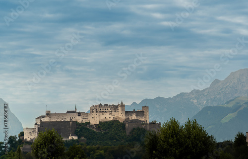 Salzburg, Austria, August 15, 2022. The fort dominates the city from the top of the hill, mountains in the background. © Massimo Parisi
