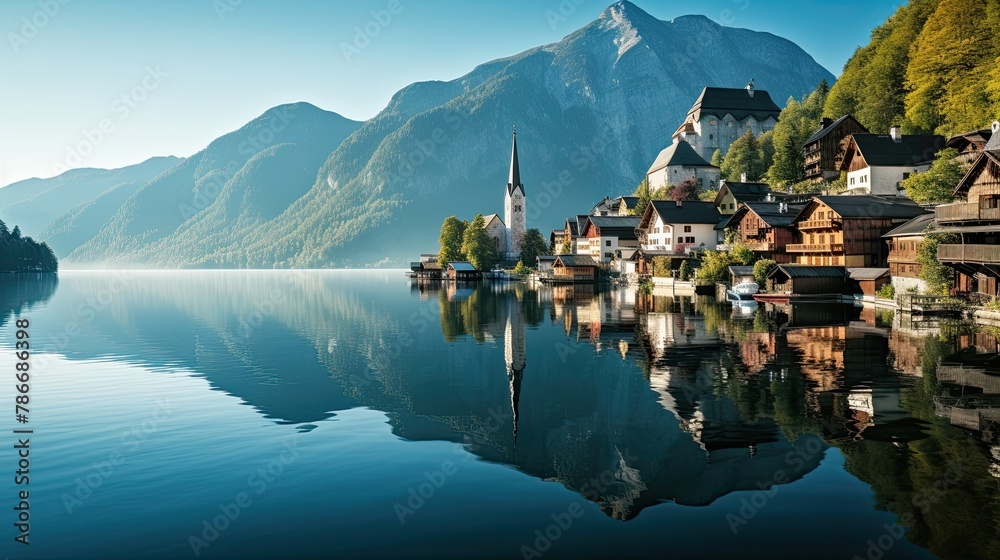 Naklejka premium Halstatt over lake, Austria ai generative