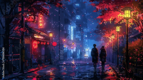 Romantic evening stroll in a vibrant, festive city street illuminated by lights photo
