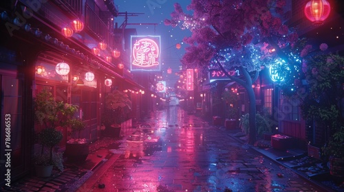 Neon-lit Asian street at night with moonlit sky and quiet charm