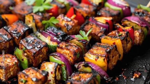 bright, colorful image of a spicy tempeh marinade being brushed onto skewered vegetables before grilling, showcasing a plant-based use of fermented sauces