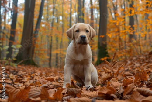curious labrador puppy discovering autumn forest fallen leaves landscape