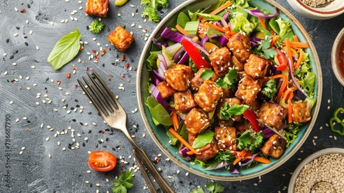 bowl of colorful tempeh salad, featuring cubed tempeh tossed with fresh vegetables and a tangy dressing