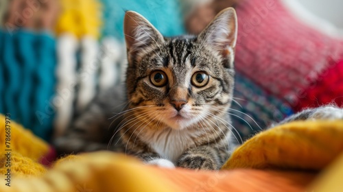 Curious tabby cat lounging on colorful woven blankets in a cozy home setting